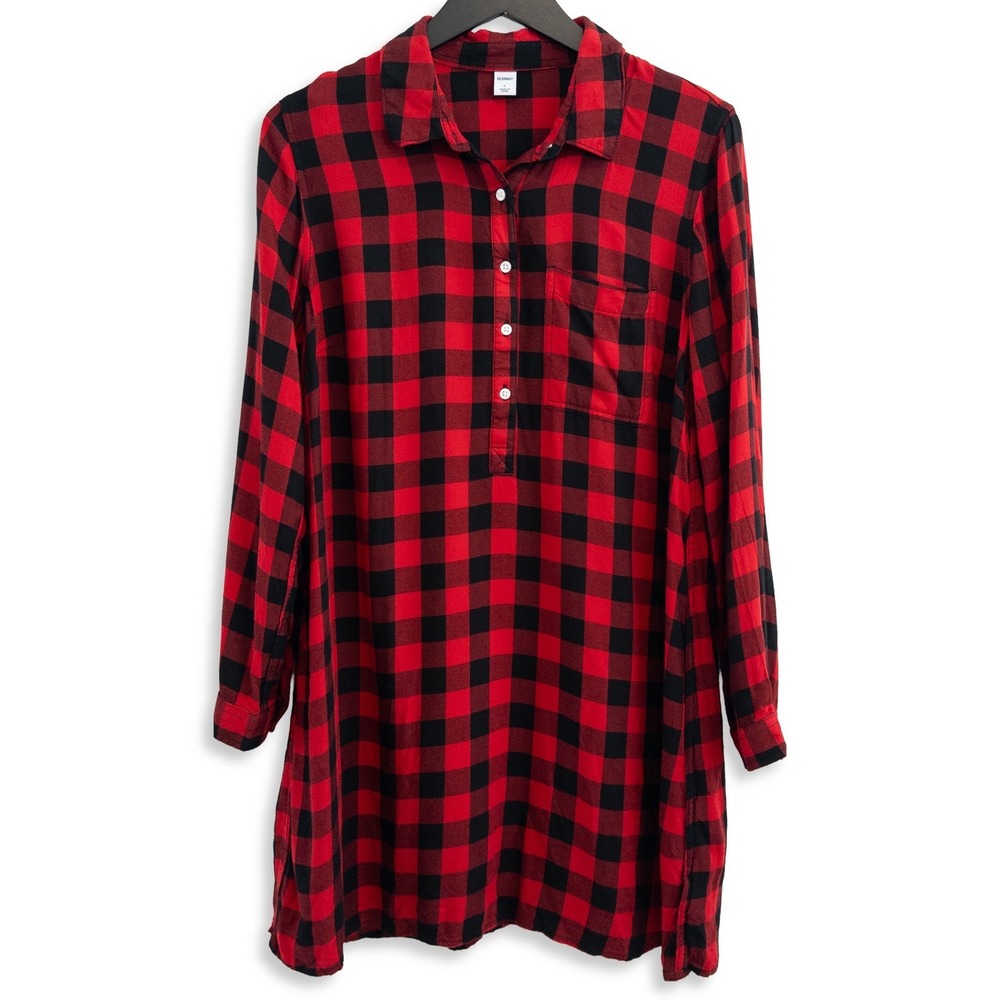 Old Navy Nightgown Womens Large Red‎ Black Buffalo Plaid Flannel Sleep Shirt
